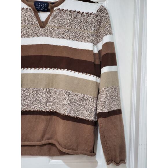 Crazy Horse by Liz Claiborne Women’s Petite MD Sweater Brown Beige Striped V-Nec - Picture 10 of 11